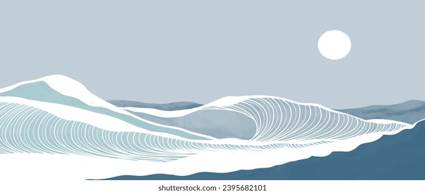 Blue Ocean wave landscape illustrations. Creative minimalist modern line art print. Abstract contemporary aesthetic backgrounds landscapes. with Ocean, sea, skyline, waves and sunrise