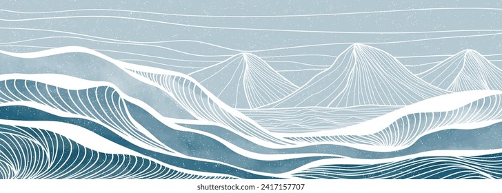 Blue Ocean wave landscape illustrations. Creative minimalist modern line art print. Abstract contemporary aesthetic backgrounds landscapes. with Ocean, sea, skyline and waves