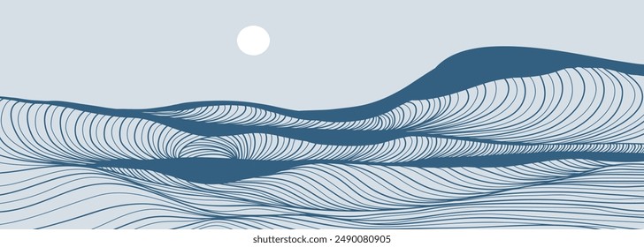 Blue Ocean wave landscape illustrations. Creative minimalist modern line art print. Abstract contemporary aesthetic backgrounds landscapes. with Ocean, sea, skyline, waves and sunset