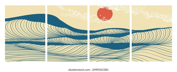 Blue Ocean wave landscape illustrations on set. Creative minimalist modern line art print. Abstract contemporary aesthetic backgrounds landscapes. with Ocean, sea, skyline, waves and sunset