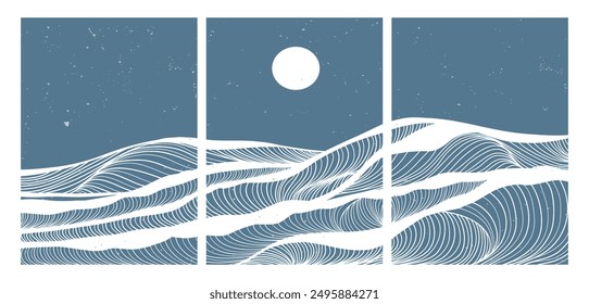 Blue Ocean wave landscape illustrations on set. Creative minimalist modern line art print. Abstract contemporary aesthetic backgrounds landscapes. with Ocean, sea, skyline, waves and sunset
