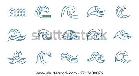 Blue ocean wave line icons collection. Sea wave with splashes, blue ocean wavy decorative shapes. Water linear marine decoration. Abstract simple graphics, nautical oceanic surf symbols vector set.