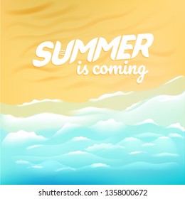 Blue ocean wave on sandy beach with label. Summer is coming