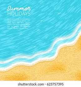 Blue ocean wave on sandy beach. Soft wave of the sea with place for text.Summer vacation background.Vector illustration