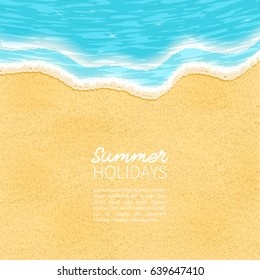Blue ocean wave on sandy beach. Soft wave of the sea with place for text. Summer vacation background. Vector illustration