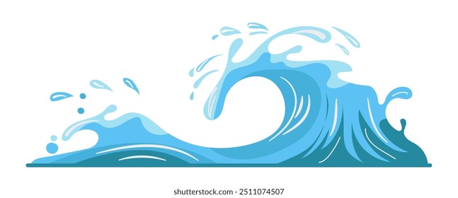 Ilustración plana de Vector azul de la onda del océano que muestra una curvatura dinámica del agua en un formato Horizontal que destaca el flujo y la cresta de la onda