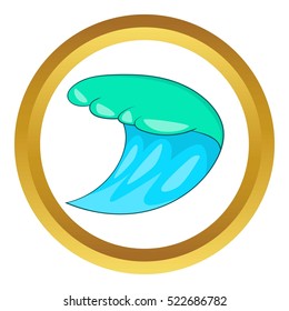 Blue ocean wave vector icon in golden circle, cartoon style isolated on white background