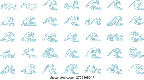 Blue ocean wave vector illustration, decorative water symbol collection, abstract sea pattern design, editable graphic bundle, creative marine element set with fluid motion