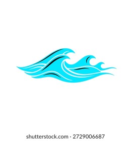 Ilustración vectorial azul de la onda del océano, elemento tribal del diseño del logotipo de las olas del mar. Salpicaduras de agua estilizadas aisladas sobre fondo blanco para surf, naturaleza y concepto de marca de vacaciones de verano