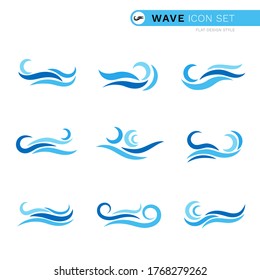 Blue ocean wave water line curve icon set isolated on white background vector illustration