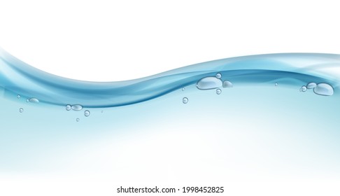 Blue ocean wave. Water surface, blue liquid motion, splashes and water bubbles in swimming pool, sea line horizon transparent. Underwater realistic background, Vector isolated illustration