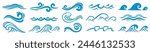 Blue ocean waves. Abstract sea silhouette wave icon. Marine decorative splashes, spray, splatter water sign. Tsunami, nautical tide, storm and weather on ocean. Vector set. Different streams