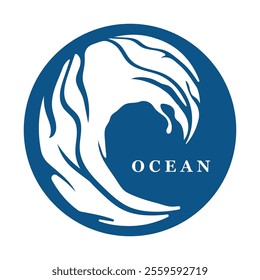 Blue ocean waves, Abstract sea silhouette wave icon, Marine decorative splash, spray, splash water sign, sea waves, storms and weather at sea, Collection of vectors, beach backgrounds