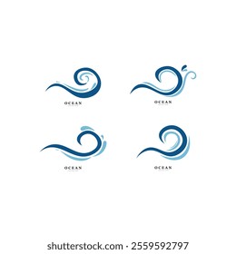 Blue ocean waves, Abstract sea silhouette wave icon, Marine decorative splash, spray, splash water sign, sea waves, storms and weather at sea, Collection of vectors, beach backgrounds