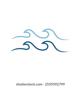 Blue ocean waves, Abstract sea silhouette wave icon, Marine decorative splash, spray, splash water sign, sea waves, storms and weather at sea, Collection of vectors, beach backgrounds
