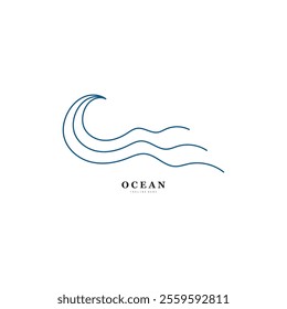 Blue ocean waves, Abstract sea silhouette wave icon, Marine decorative splash, spray, splash water sign, sea waves, storms and weather at sea, Collection of vectors, beach backgrounds
