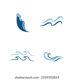 Blue ocean waves, Abstract sea silhouette wave icon, Marine decorative splash, spray, splash water sign, sea waves, storms and weather at sea, Collection of vectors, beach backgrounds