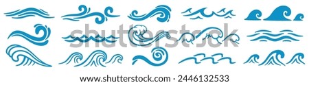 Blue ocean waves. Abstract sea silhouette wave icon. Marine decorative splashes, spray, splatter water sign. Tsunami, nautical tide, storm and weather on ocean. Vector set. Different streams