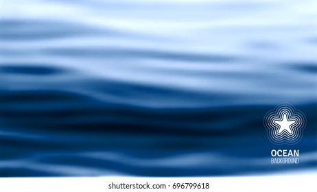 Blue ocean waves background with white starfish icon. Beautiful web page design. Typographic template for text message. Vector illustration.