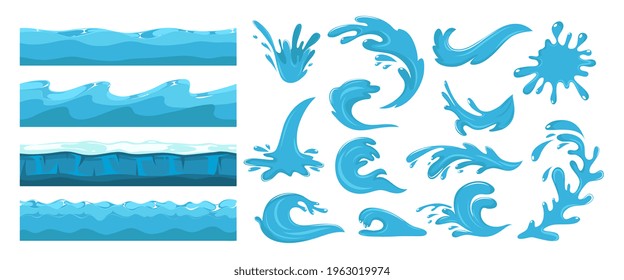 Blue ocean waves. Sea wave, water surface seamless pattern. Cartoon splash, power of waters. Nature, travel or beach journey vector set design elements
