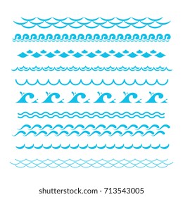 Olas oceánicas azules. Señales de silueta vectorial de onda marina. Elementos gráficos del agua aislados. Ilustración de la curva de agua de mar de onda plana