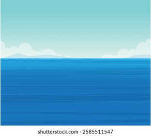 Blue ocean with waves and blue sky with clouds. Sea vector illustration with water waves, blue sky and white clouds graphics, cartoon seascape or waterscape,Ocean waves nature.