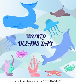 Blue ocean waves in which we see sea animals, fish, plants.
