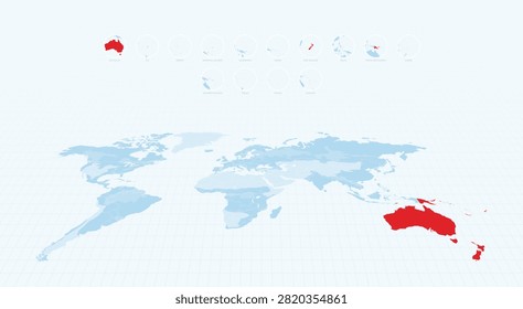 Blue Oceanian Maps with Countries Highlighted in Red. Circular Maps Set.