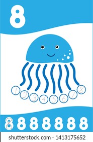 Blue octopus with 8 legs and bubbles in the ends. Task for preschooler to write a numbers from one to eight by following dotted lines.