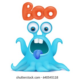 Blue octopus cartoon alien monster saying boo. Vector illustration