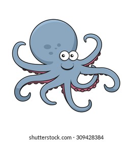 Blue octopus cartoon character with big round head and curved tentacles with pink suckers, for underwater wildlife or mascot design