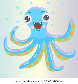 Blue octopus cartoon character. Flat smiling octopus with bubbles, isolated on grey background. Aquatic fauna. Vector animal illustration for children book illustrating.