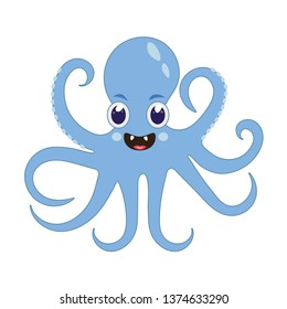 Blue octopus. Cartoon Vector Illustration. Cute sea animal