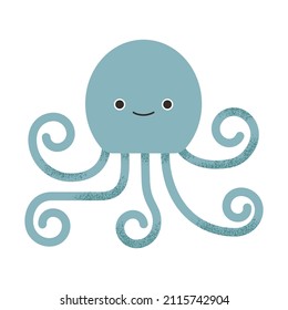 Blue octopus with eight tentacles. Children illustration in the geometric style of sea animals