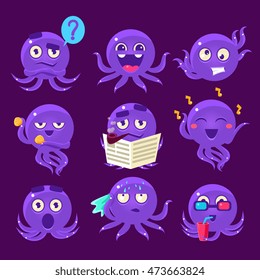 Blue Octopus Emoji Vector Set