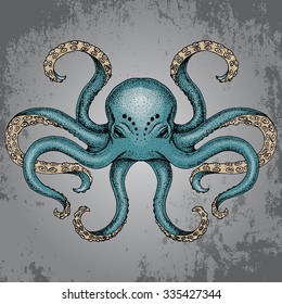 Blue octopus with grunge background in dotwork tattoo style vector illustration.