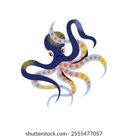 Blue octopus illustration with orange and yellow patterns on tentacles. Flat vector design on white background. Marine life and ocean creature concept. Design for stickers, posters, and packaging.