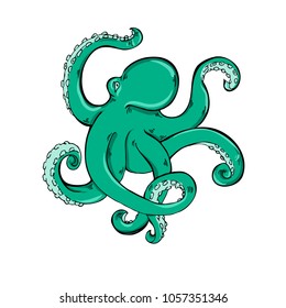 Blue octopus ink sketch. Hand drawn vector illustration.