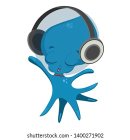 Blue octopus listens to music on headphones. Vector graphics.