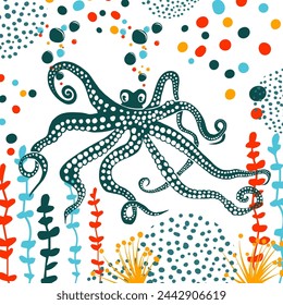 Blue octopus object. hand drawing. Not AI, Vector illustration.