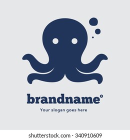 Blue octopus on a grey background. Logo design vector template. Symbol concept icon.