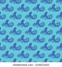 Blue octopus on the light blue background seamless pattern