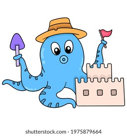 The blue octopus is on vacation at the beach making a sand castle, vector illustration art. doodle icon image kawaii.