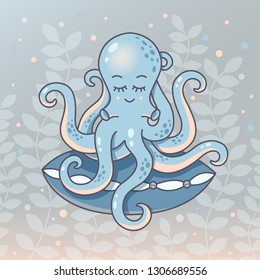 Blue octopus with the pillow. Funny character. Sleeping time vector illustration.