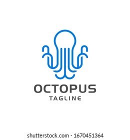 Blue Octopus symbol icon for seafod restaurant or label.  isolated on white background. Vector illustration Logo template design.