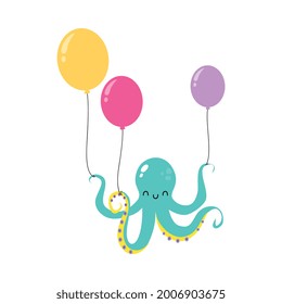 Octopus azul con tentáculos como animal marino que sostiene globos flotando vectores submarinos Ilustración