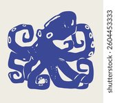 Blue octopus with tentacles. Sea and ocean animal. Cartoon character. Cute monster, underwater cuttlefish. Hand drawn modern Vector illustration. Isolated design element. Logo, sticker, print template