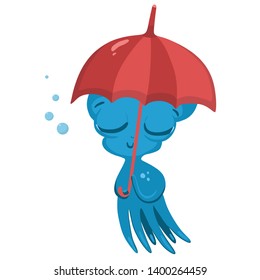Blue octopus under a red umbrella. Vector graphics.