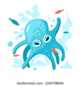 Blue octopus underwater. Cartoon style.