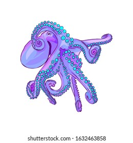 blue octopus, vector cartoon illustration